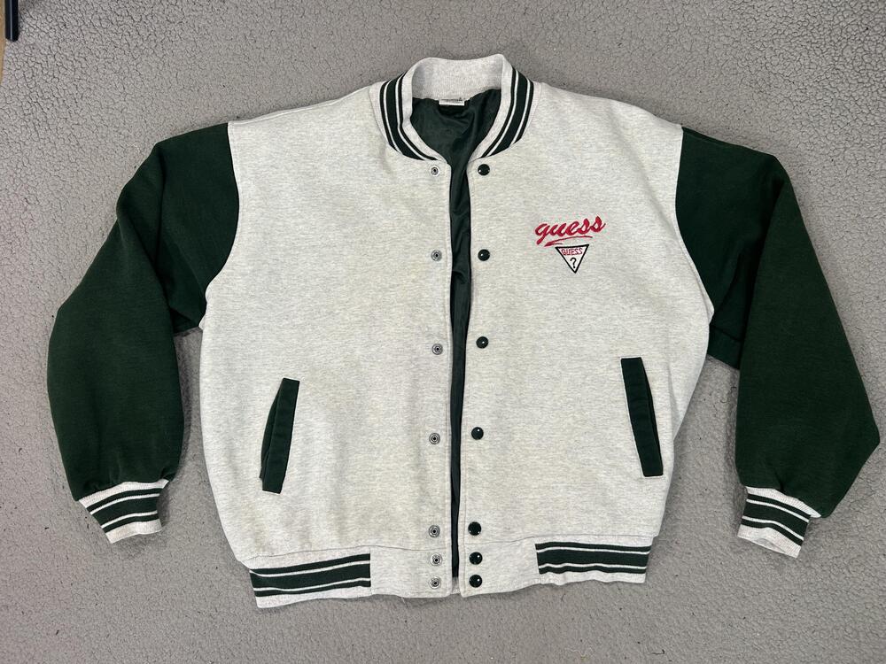 Vintage Guess Varsity Jacket Mens XL Gray Green Georges Marciano Made USA 90s